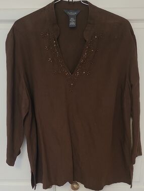 Van Heusen Women's Brown Embellished V-Neck Tunic Top